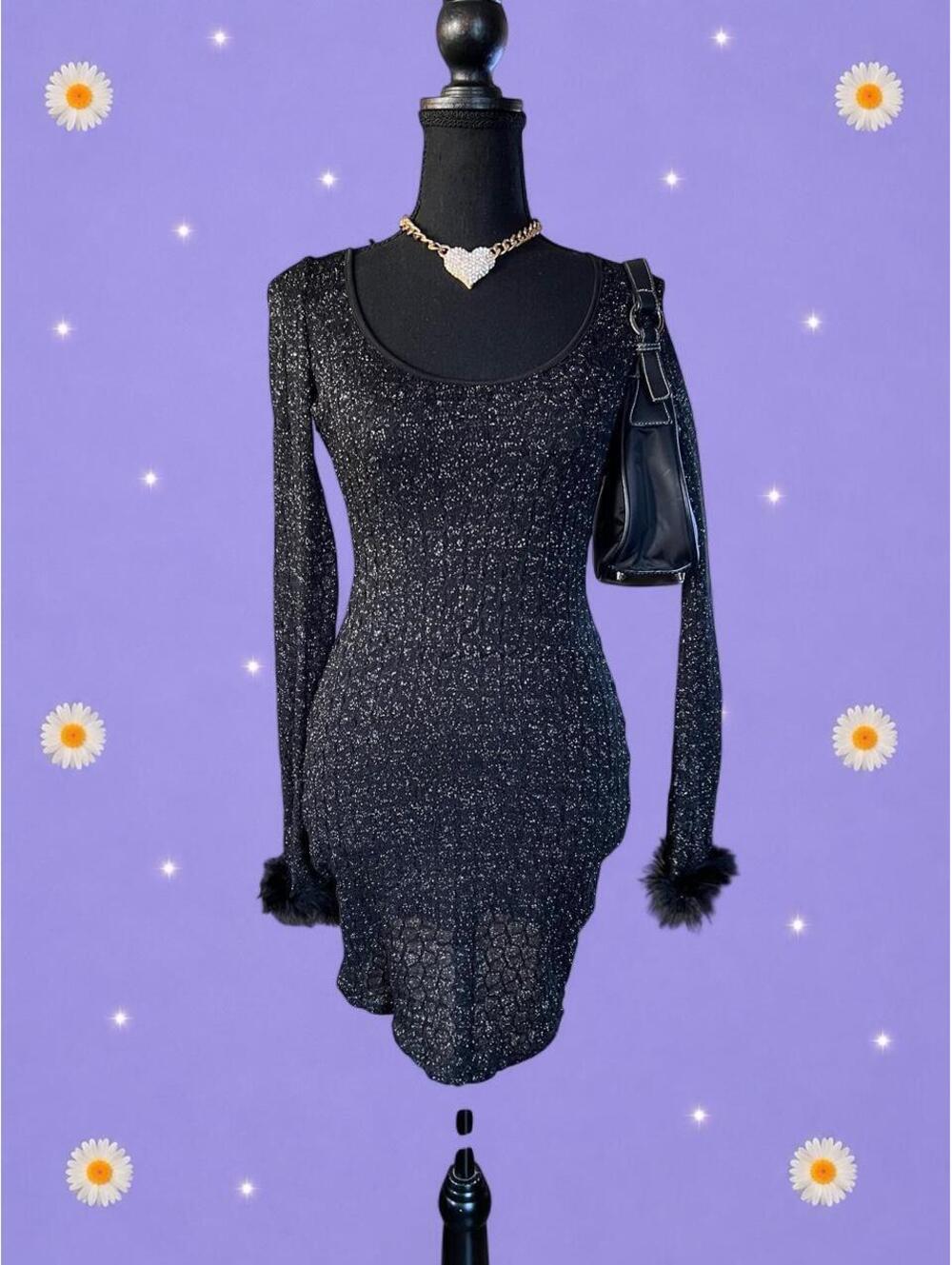 PrettyLittleThing Glitter Sheer Feather Cuff Bodycon Mini Dress size 2